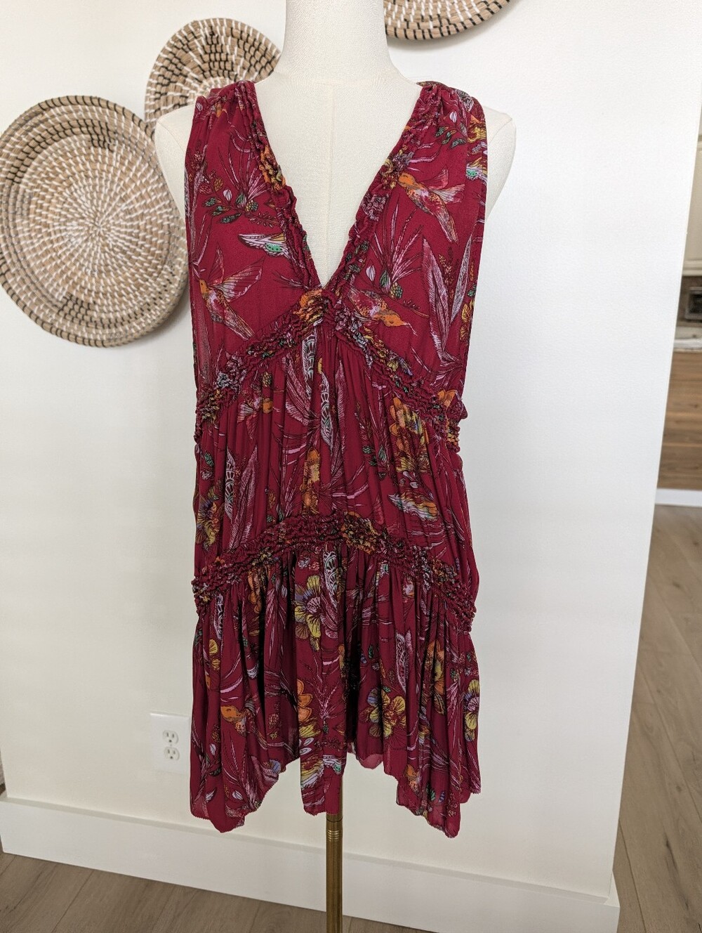 Free People Purple Haze Tunic in a raspberry floral and hummingbird print Size M